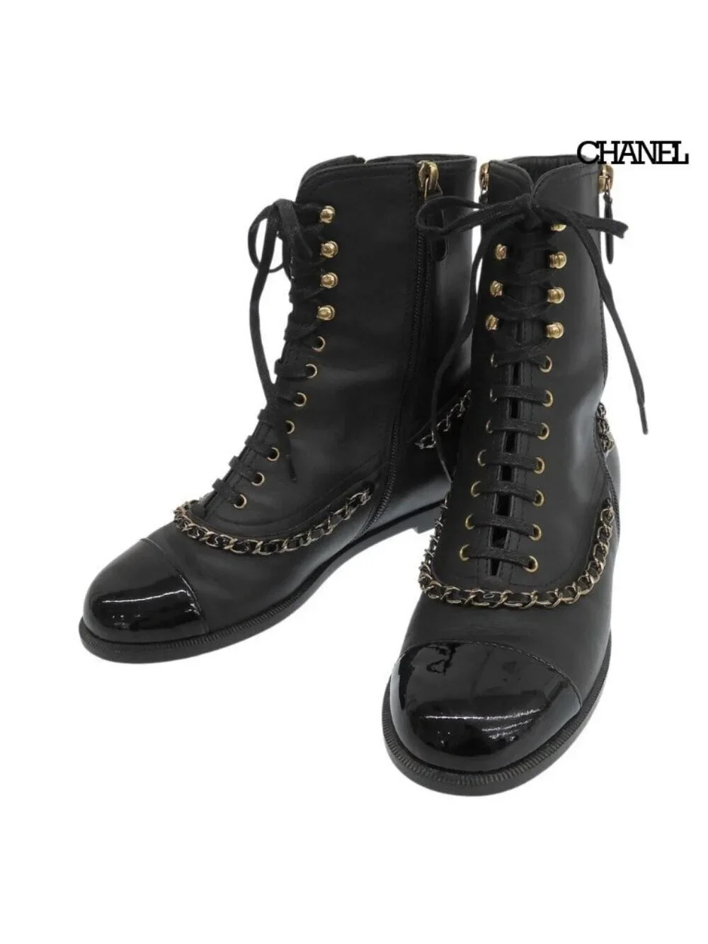 Chanel CC Logo Leather Short Boots Chain Double Zip Lace Up 37 Black